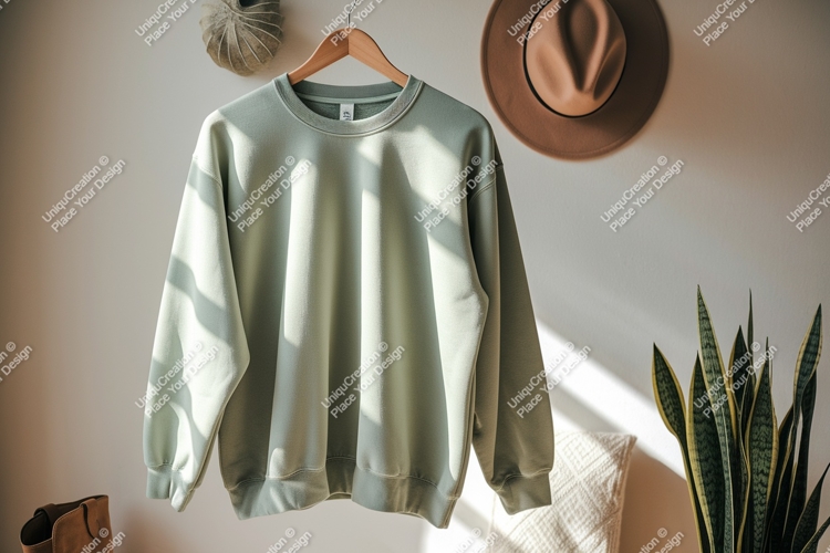 Sage green crewneck sweatshirt hanging image