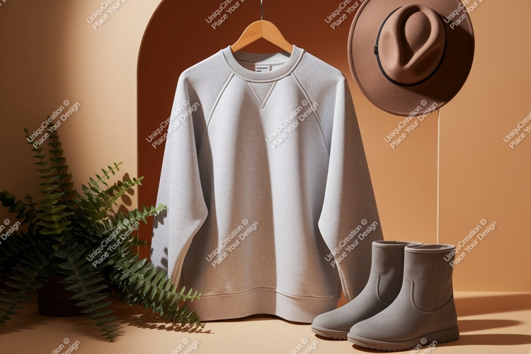Light grey sweatshirt tan hat grey boots image