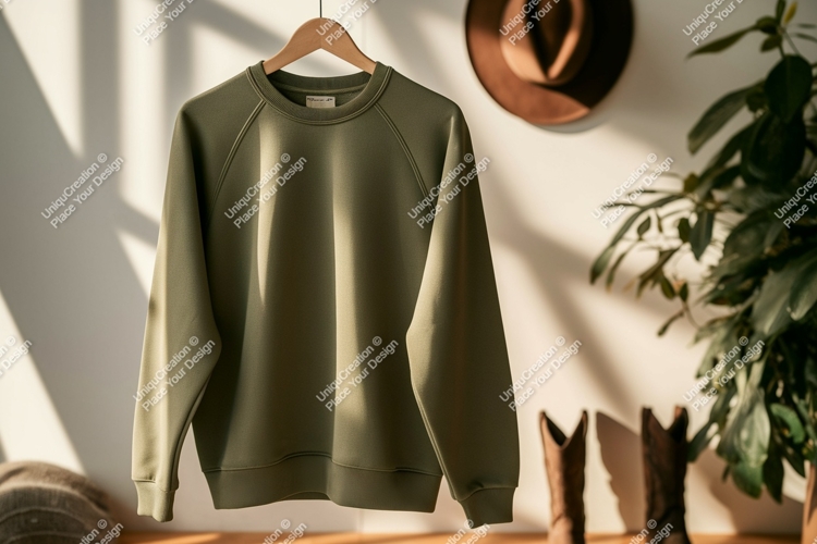 Olive green sweatshirt hanging indoors raglan sleeve