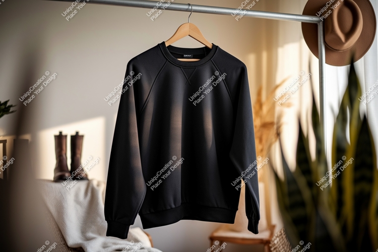 Black sweatshirt hanging on rack clothing apparel