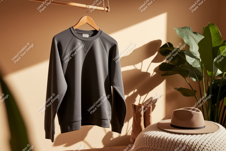 Dark gray sweatshirt hanging on wooden hanger clothing