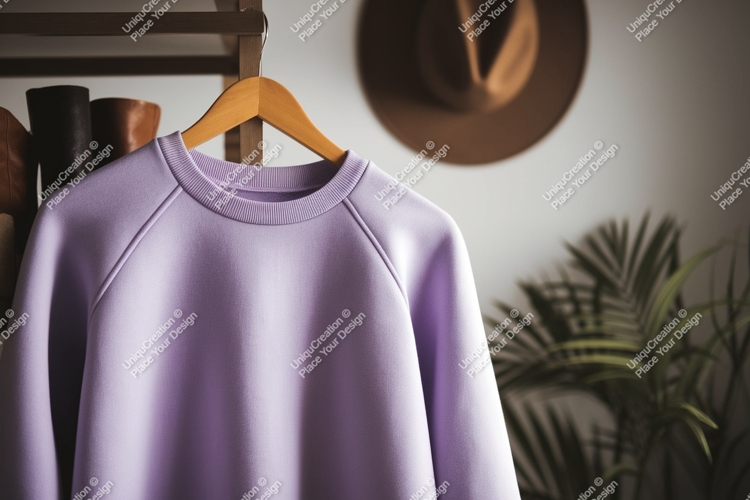 Lavender sweatshirt hanging on wooden hanger raglan