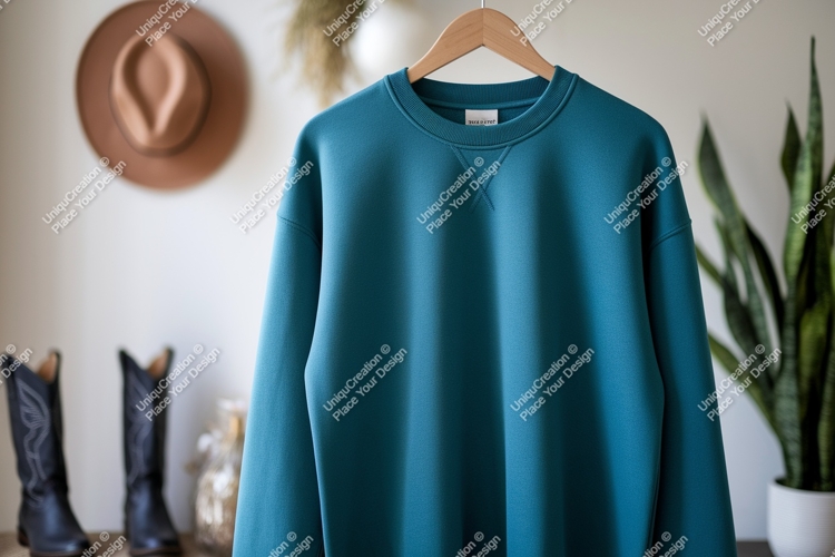 Teal sweatshirt hanging on wooden hanger clothing apparel