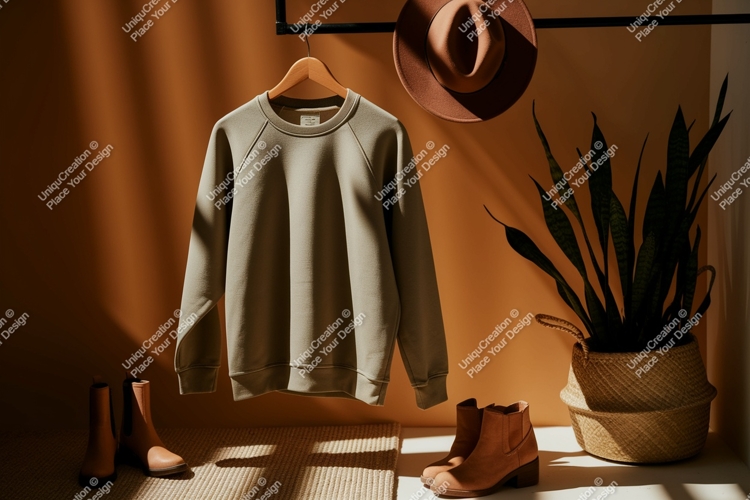 Olive green sweatshirt hanging with boots and hat mockup