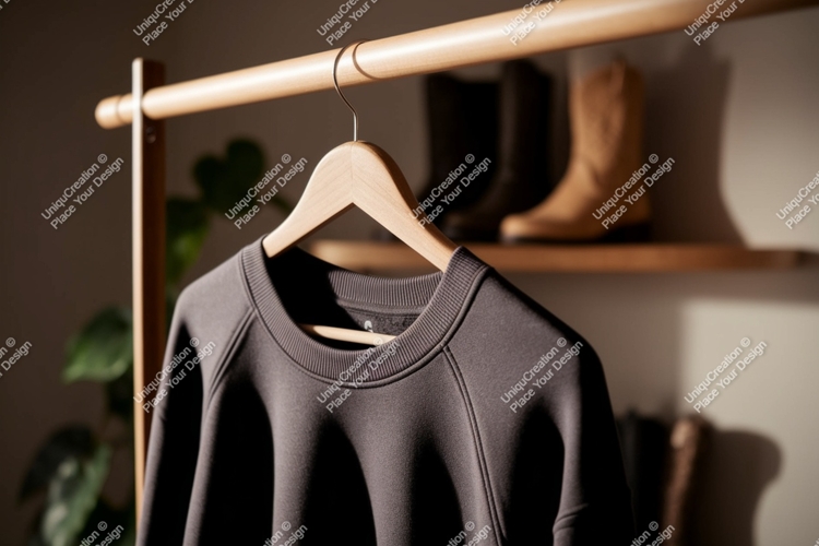 Dark gray sweatshirt on wooden hanger clothing