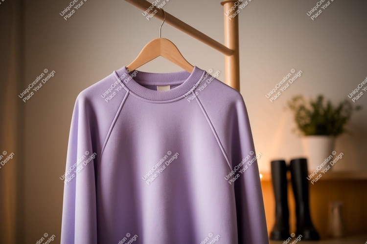 Lavender sweatshirt hanging on wooden hanger clothing