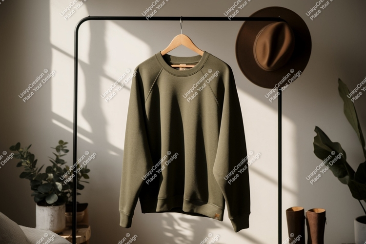 Olive green sweatshirt hanging on rack clothing apparel