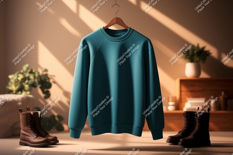 Teal sweatshirt hanging with boots footwear