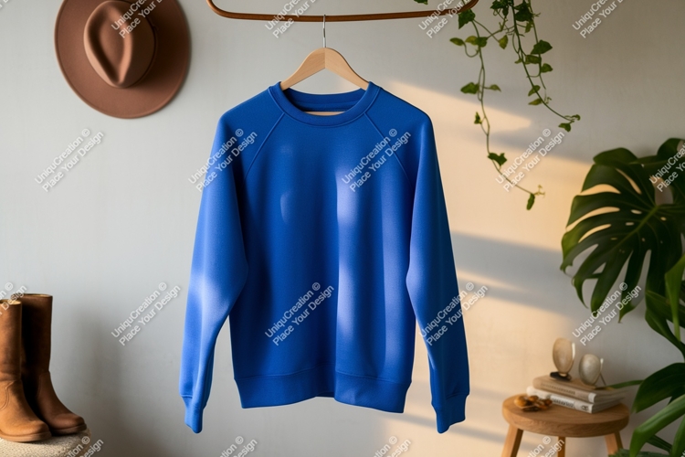 Blue sweatshirt hanging on hanger clothing apparel