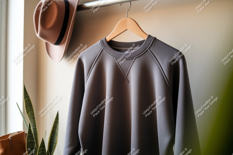 Gray sweatshirt hanging on rack raglan seams