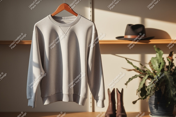 Light grey sweatshirt hanging on wooden hanger garment