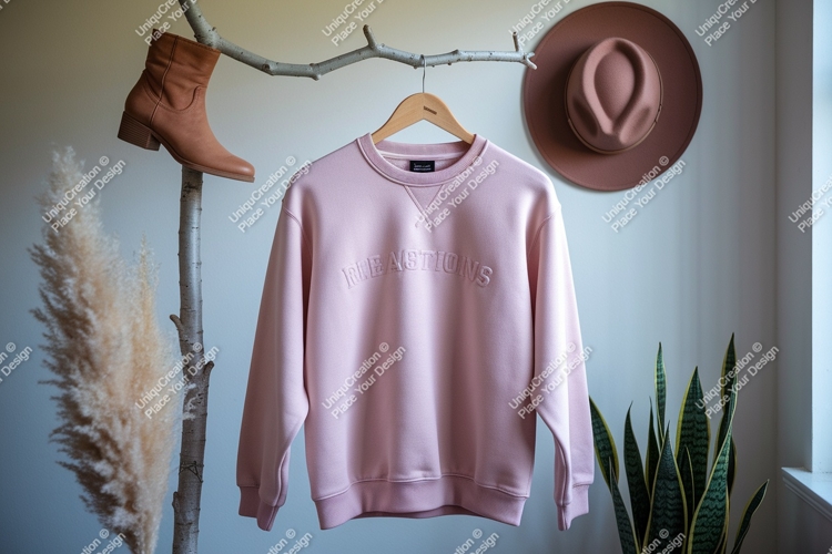 Pink sweatshirt with embroidered text and tan