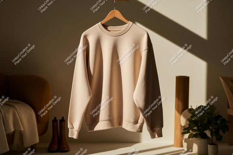 Beige sweatshirt hanging on wooden hanger clothing
