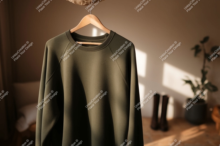 Olive green sweatshirt hanging indoors garment clothing