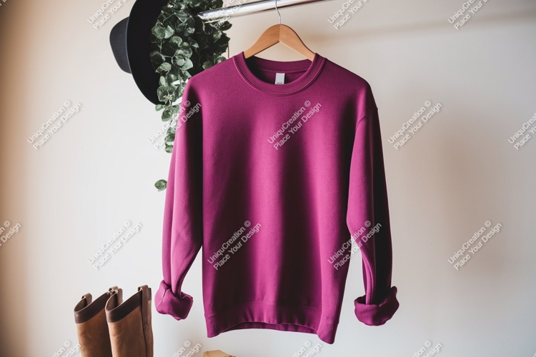 Magenta sweatshirt hanging on rack with boots clothing