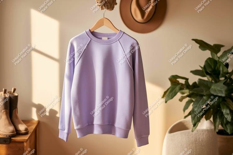 Lavender sweatshirt hanging on hanger clothing raglan