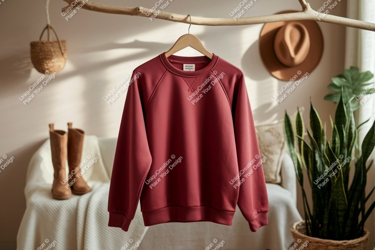 Maroon sweatshirt hanging on branch raglan sleeve