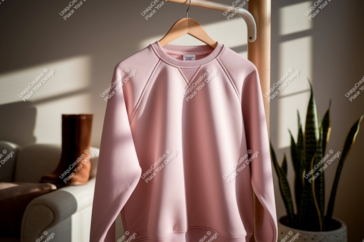 Pink sweatshirt hanging on wooden hanger clothing apparel