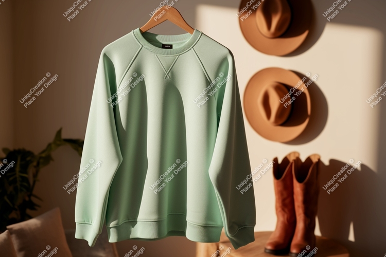 Mint green sweatshirt hanging with hats and boots raglan