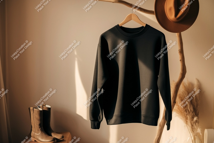 Black sweatshirt hanging on branch with hat and boots