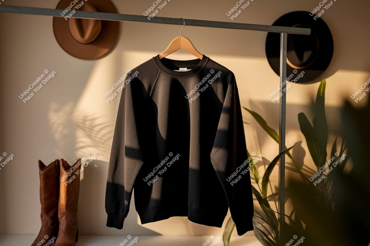 Black sweatshirt hanging on rack clothing garment