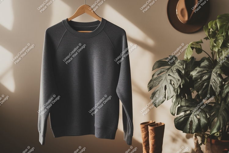 Dark gray crewneck sweater hanging garment