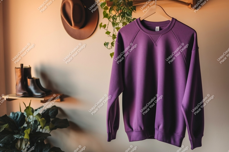 Purple sweatshirt hanging near hat and boots clothing
