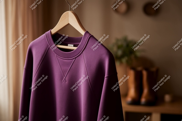 Purple sweatshirt hanging on wooden hanger clothing