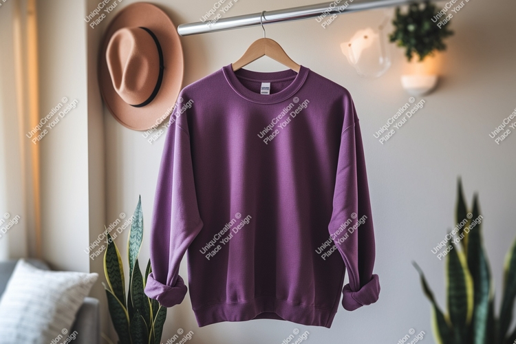 Purple sweatshirt hanging on rack clothing apparel