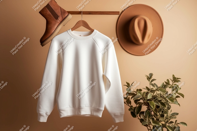 White sweatshirt brown hat brown boot plant