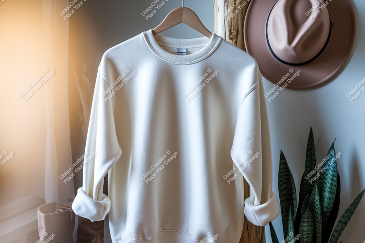 Cream sweatshirt hanging on wooden hanger clothing