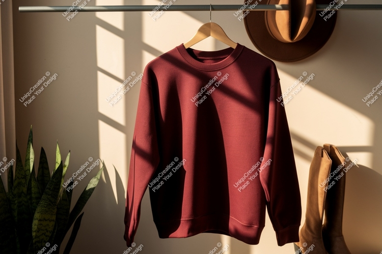Maroon sweatshirt hanging on rack clothing