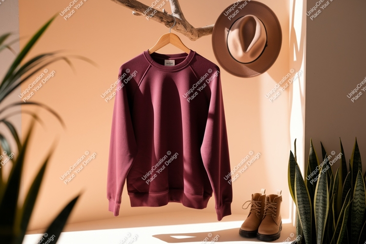 Maroon sweatshirt hanging with hat and boots mockup