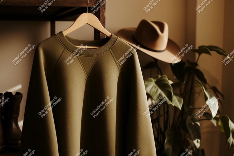 Olive green sweatshirt hanging on hanger raglan seams