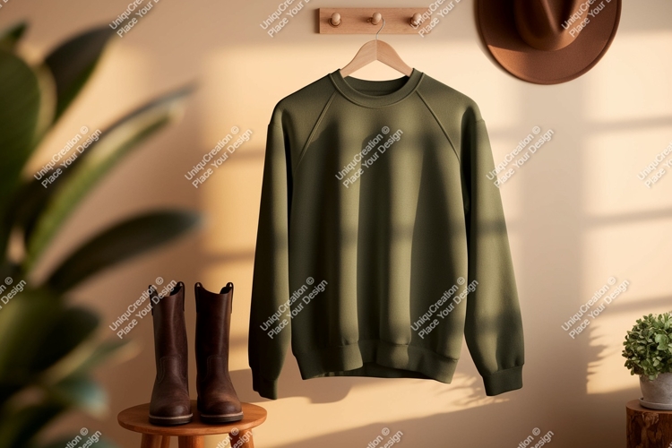 Olive green sweatshirt hanging on wooden peg rack with boots