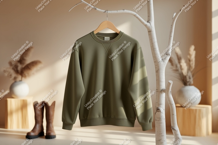Olive green sweatshirt hanging on birch branch clothing