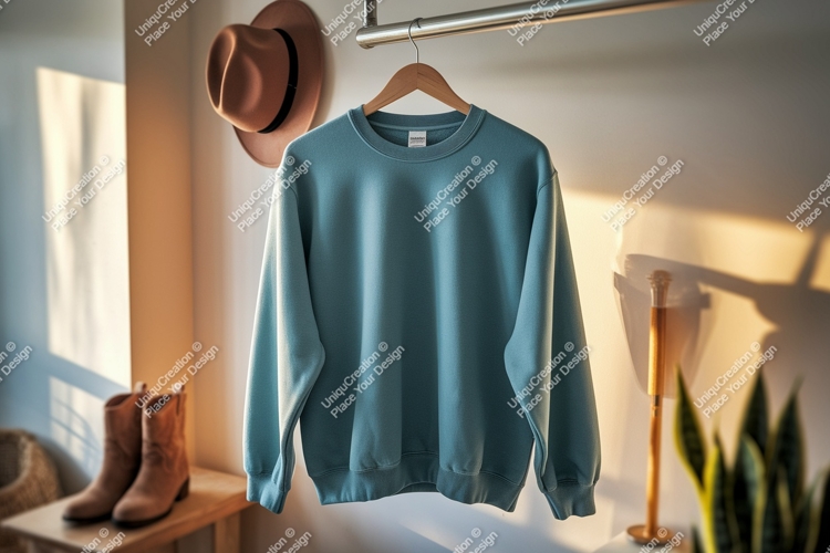 Teal sweatshirt hanging on rack clothing apparel