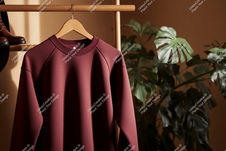 Maroon sweatshirt hanging on rack clothing hanger