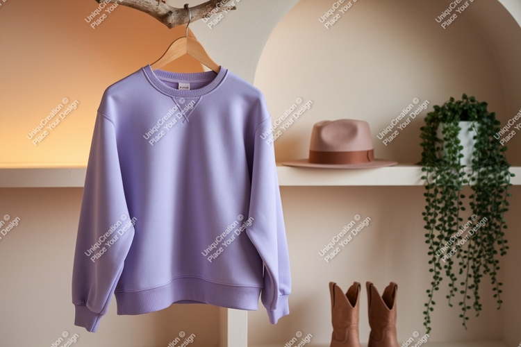 Lavender sweatshirt hanging on branch wooden