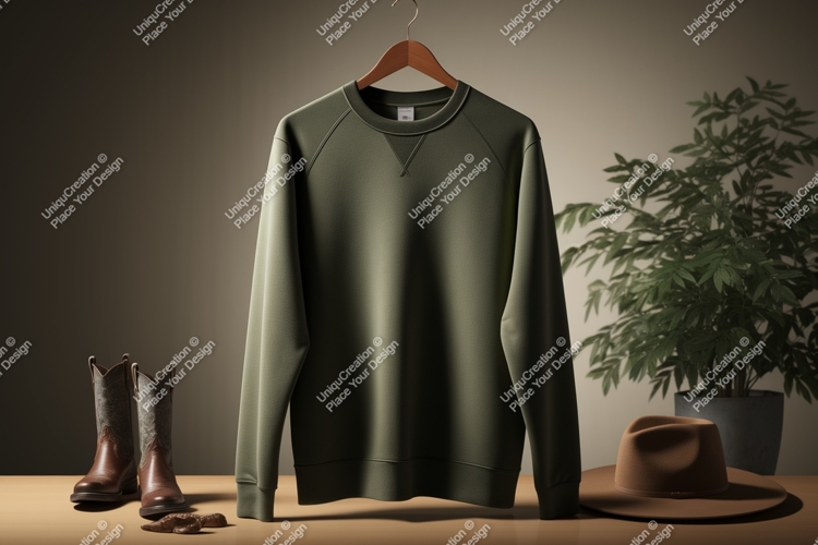 Olive green sweatshirt cowboy boots hat plant Mockup