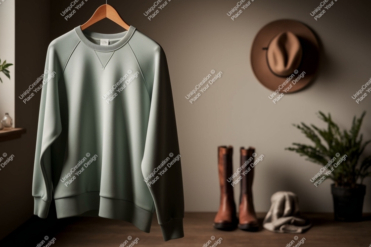 Mint green sweatshirt hanging with boots and hat garment
