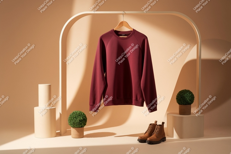 Maroon sweatshirt with boots and plants raglan sleeves