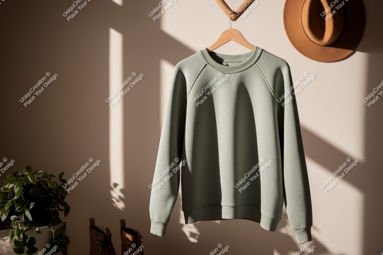 Sage green sweatshirt hanging on wooden hanger clothing