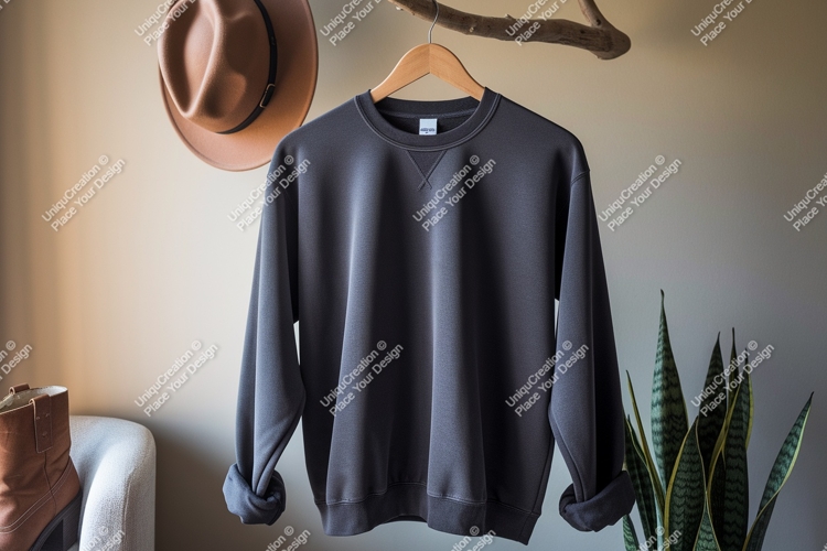 Dark grey crewneck sweatshirt hanging clothing