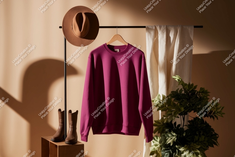 Magenta sweatshirt hat boots plant mockup image