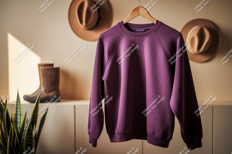 Purple sweatshirt hanging on wooden hanger clothing