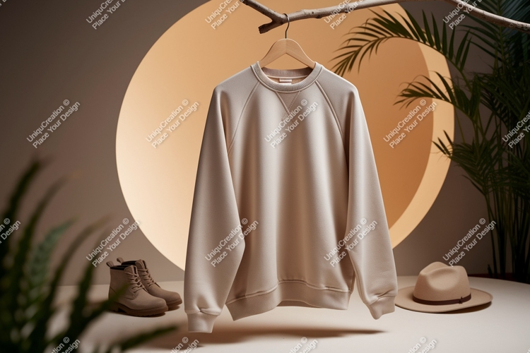 Cream sweatshirt boots hat plant mockup clothing apparel