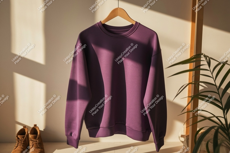 Plum sweatshirt hanging on hanger garment clothing