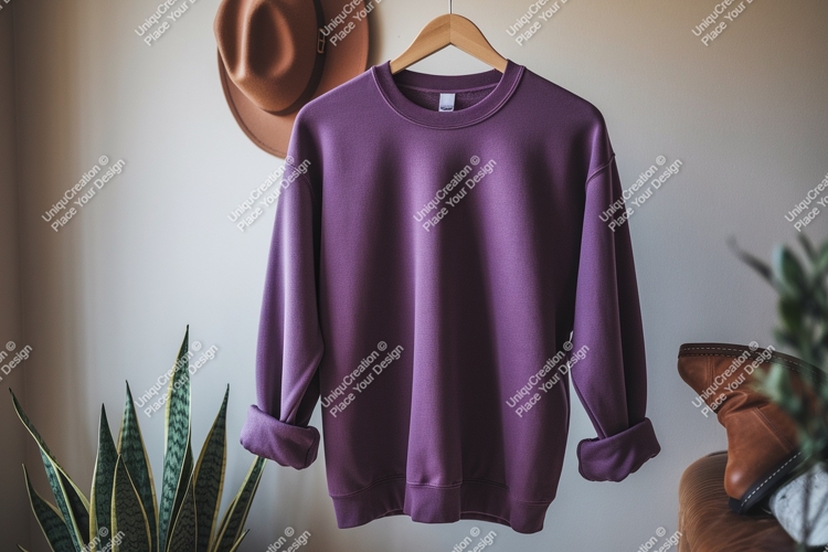 Purple sweatshirt hanging on hanger clothing apparel