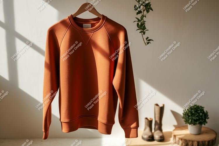 Orange sweatshirt hanging with boots and plant clothing